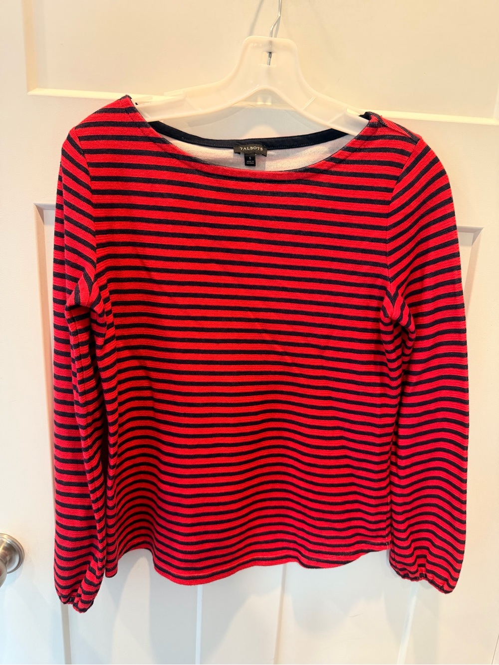 Talbots Small Red Navy Striped Bateau Neck Long Sleeve Knit Top
